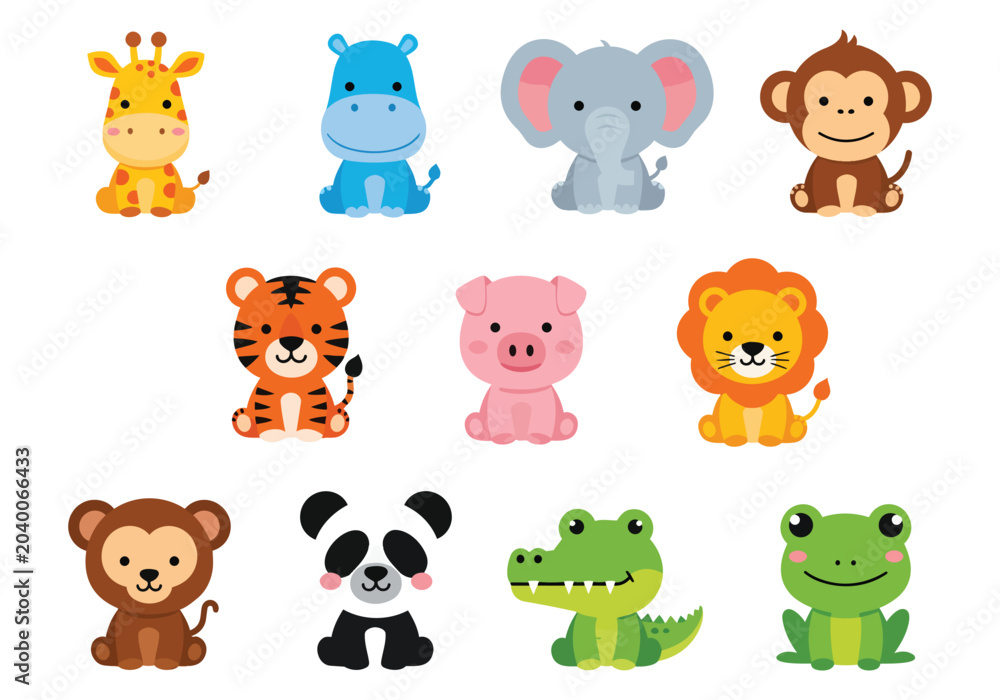 Obraz premium Cute cartoon animals giraffe hippo elephant monkey tiger pig lion panda crocodile frog