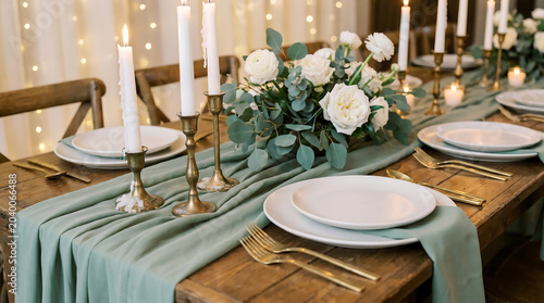 Elegant wedding table setting with white roses and green runner
