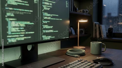Software developer workspace with code on monitor at rainy night