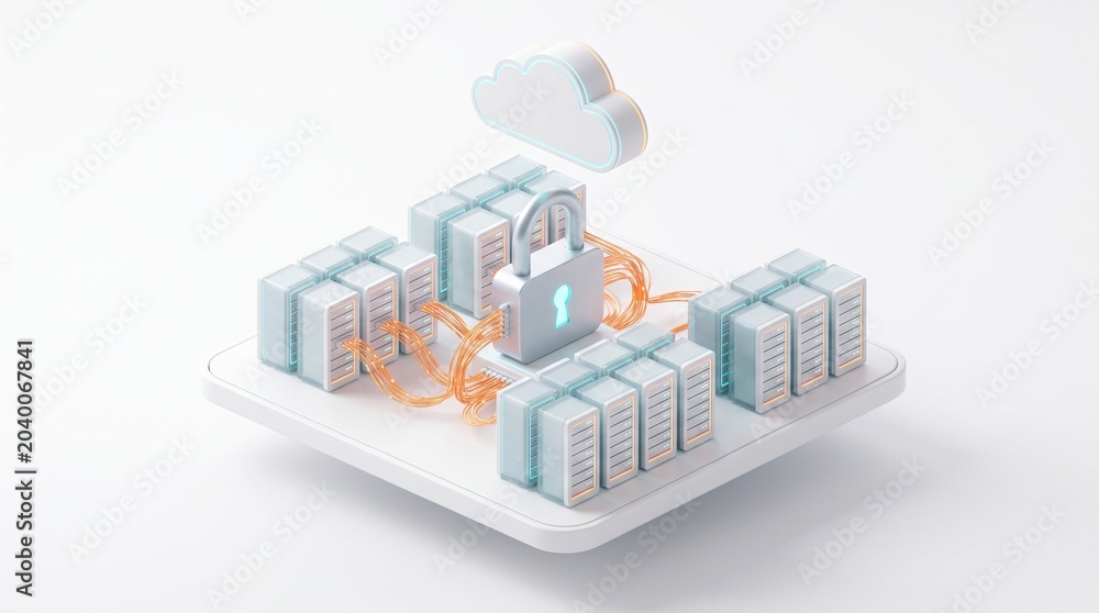 Obraz premium 3D Isometric Cloud Computing Data Center With Security Padlock