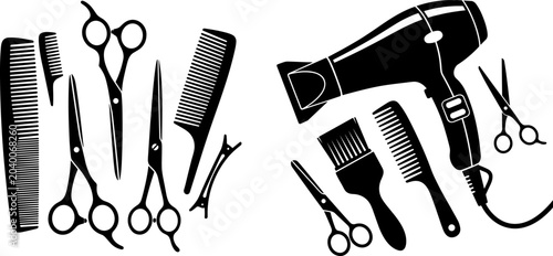 Konstfotografi Hair Salon Tools Silhouette Collection Featuring Scissors, Combs, Hair Dryer, an