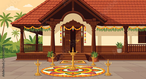 Traditional Kerala house architecture decorated for Onam festival celebration with vibrant floral pookalam rangoli pattern, brass oil lamps and marigold garlands.