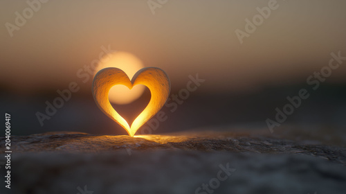 Heart shaped stone silhouette against a warm golden sunset sun background