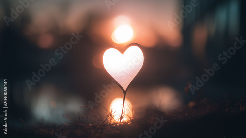 Heart shape glowing with sunset reflection on a blurry waterfront background