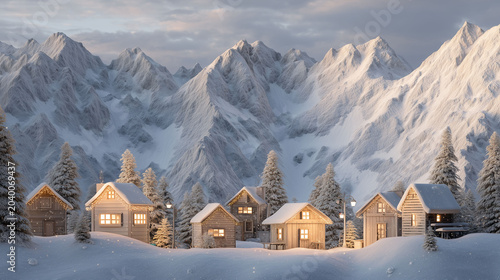 Cozy wooden cabins covered in snow under majestic white winter mountains