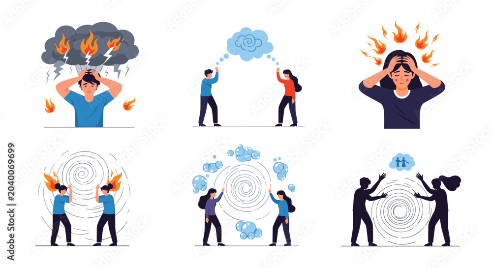 Fototapeta premium Illustration set exploring various mental health concepts including stress, internal conflict, emotional regulation, and mindfulness meditation.