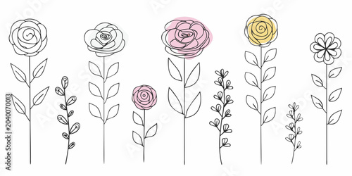 Obraz na plátně Collection Of Seven Line art Flowers With Colored Accents