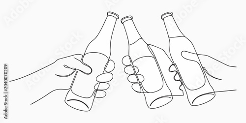 Four Beer Bottles And Hands Continuous Line Drawing On White Background
