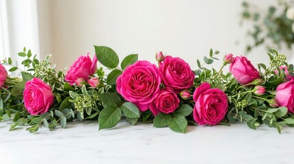 Vibrant pink roses floral border, fresh garden rose arrangement with green eucalyptus leaves, romantic flower garland on white marble surface