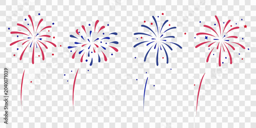 Four Patriotic Fireworks Explosions Vector Illustration With Transparent Background
