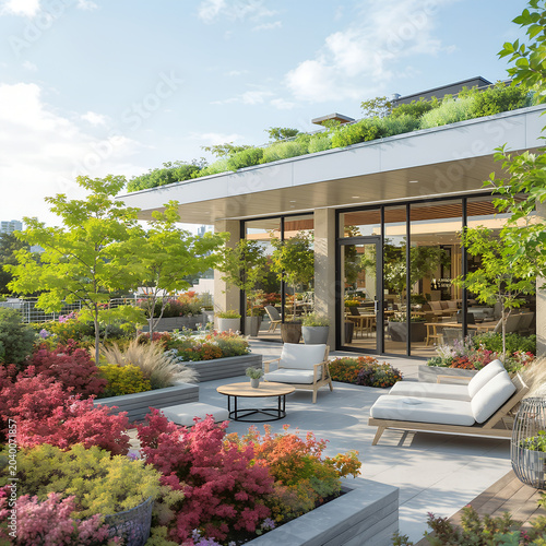 Stylish outdoor terrace with colorful flowers and modern furniture in a bright atmosphere