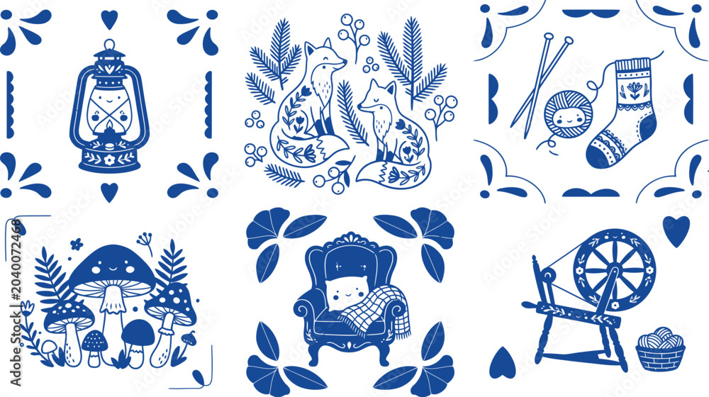 Fototapeta premium Charming Scandinavian-inspired folk art patterns featuring woodland creatures, cozy home elements, and crafting tools for a whimsical aesthetic