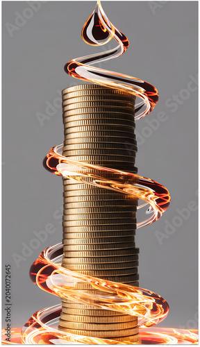 Stack of coins with swirling liquid making a spiral pattern and a drop at the top