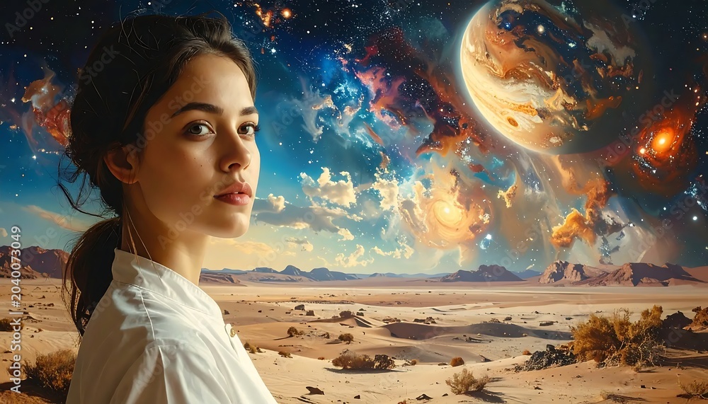 Naklejka premium Woman standing on beach with cosmic explosion backdrop.