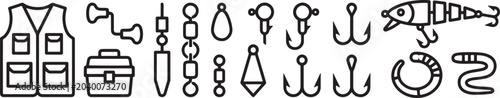Foto Fishing tackle equipment and bait outline icon set