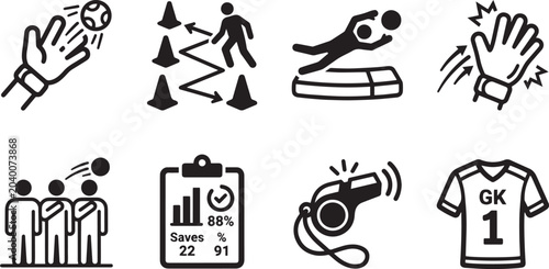 Soccer goalkeeper training and defensive tactics icons set, football agility cone drill goalie gloves saving ball clipboard match statistics whistle and number 1 jersey vector glyphs