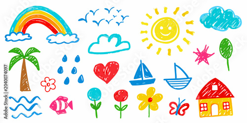 Colorful childlike drawings of weather plants and objects vector illustration