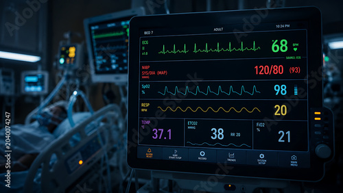 ICU Patient Monitor Displaying ECG Heart Rate Blood Pressure and Vital Signs in Hospital Room