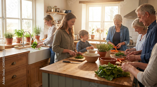 Family cooking healthy dinner together