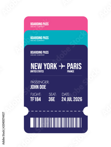 Airline ticket design. Airplane boarding pass with passenger name and destination. Travel, trip or business trip concept.