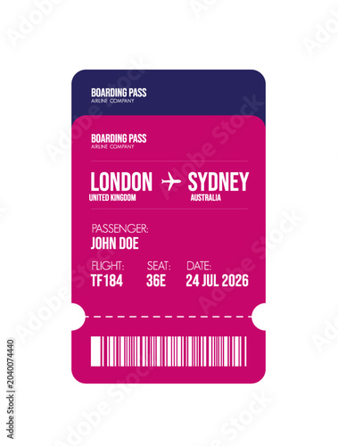 Airline ticket design. Airplane boarding pass with passenger name and destination. Travel, trip or business trip concept.