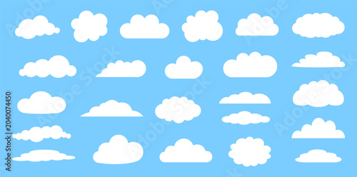 Set of different clouds on blue sky background. Cute minimal vector design for baby fabric, wallpaper and nursery decor.