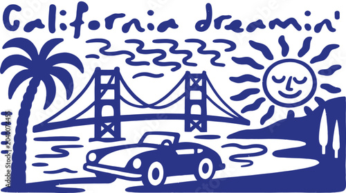 Foto California dreamin' artwork featuring the Golden Gate Bridge, a palm tree, and a
