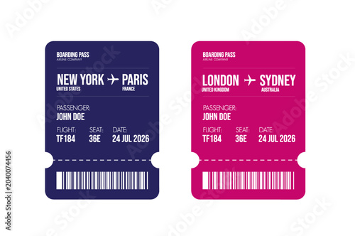 Airline ticket design. Airplane boarding pass with passenger name and destination. Travel, trip or business trip concept.