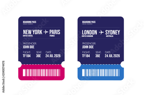 Airline ticket design. Airplane boarding pass with passenger name and destination. Travel, trip or business trip concept.