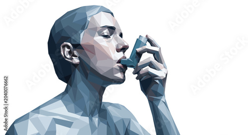 Geometric illustration of a person using an asthma inhaler, featuring angular shapes and a blue color palette against a white background