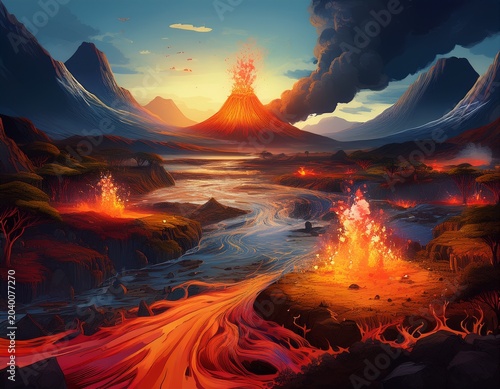 contrast between calm nature and chaotic eruption in illustrative landscape art depicting microbial life and volcanic activity