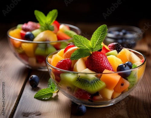 fresh mixed fruit salad in clear glass bowls garnished with mint leaves on wooden table