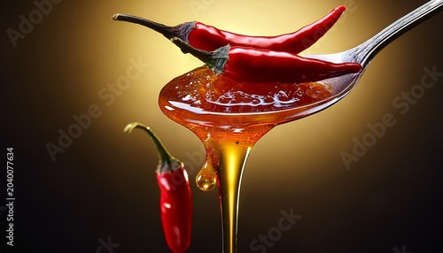 spicy chili infused honey dripped from spoon with red peppers