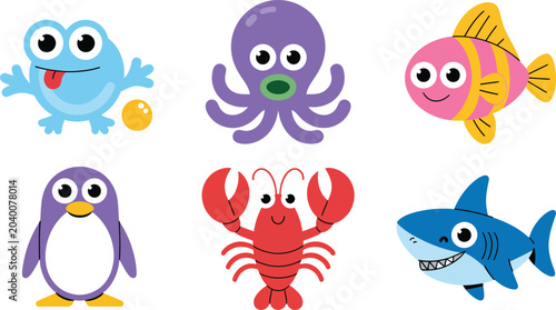 Set of six cute cartoon sea creatures for children including fish, octopus, and shark icons