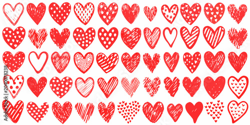 Fotografie Collection Of Hand drawn Red Hearts Vector Illustration Pattern