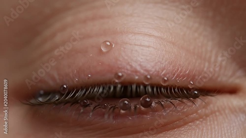 Close-up Macro Water Droplets on Eyelash, Eye Hydration Concept