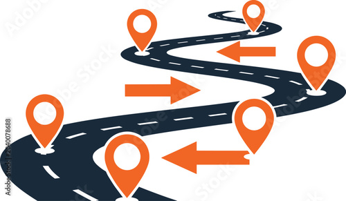 Winding road map path with location pin markers showing travel navigation route and destination directions.