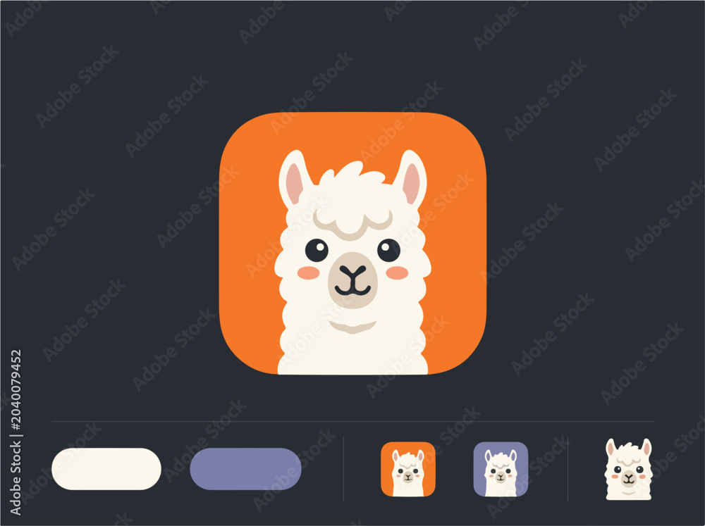 Fototapeta premium Cute cartoon llama app icon vector illustration with fluffy white alpaca character.