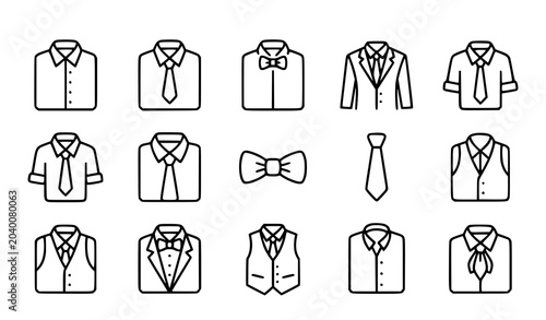Formal Menswear Outline Icons Shirt Tie and Corporate Dress Code Vector Set
