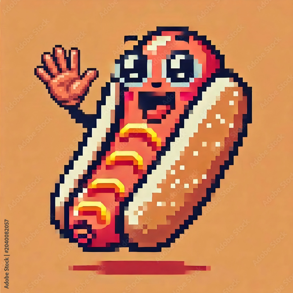 Obraz premium Vintage Gaming Style Hot Dog Sprite with Mustard Drizzle.