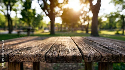 Sunlit Wooden Table Tops in Park at Late Afternoon