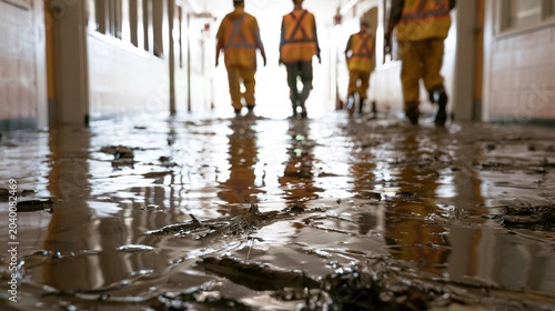 Workers Walking Through Flooded School Hallway with Debris in Washington