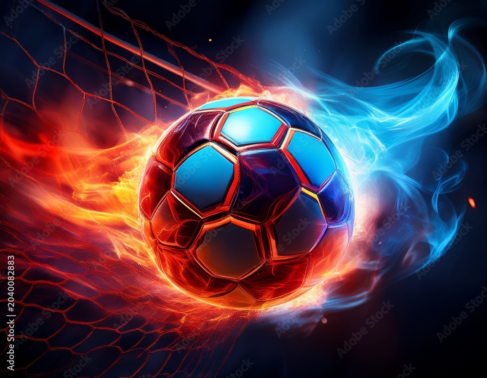 Fototapeta premium fiery soccer ball in goal in red and blue flames soccer ball in red and blue flames and smoke light background creative sport wallpaper generative ai
