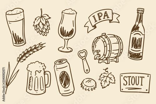 Bild auf Leinwand Craft Beer Set Sketch Doodle Vintage Vector