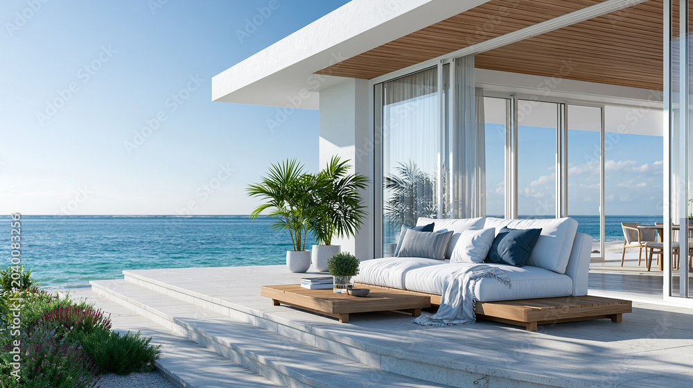 Fototapeta premium Close-up of a modern coastal home exterior with outdoor living area and ocean view, coastal living concept, outdoor living photography, beachside home visualization, defocused