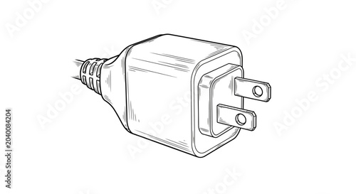 Canvastavla A black and white line art sketch shows a charging adapter plug with prongs on a white background