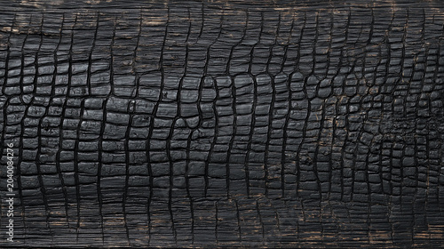 Macro of shou sugi ban charred wood with dense black alligator scaling and deep crocodile crackle revealing faint gold cracks