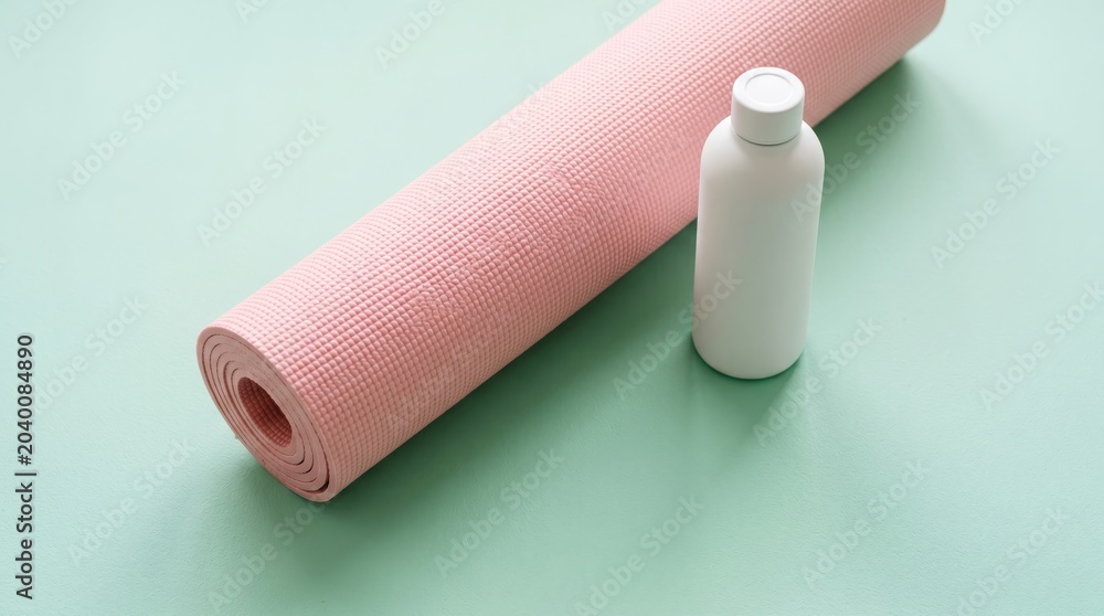 Obraz premium Clean wellness composition featuring a rolled pink yoga mat and reusable bottle on a pastel background.