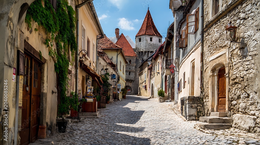 Fototapeta premium Narrow cobblestone street in a historic old town with traditional stone buildings and a distant tower for travel and tourism themes