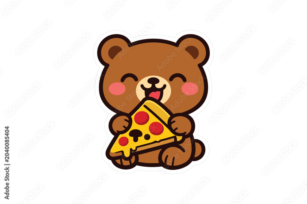 Fototapeta premium Funny Pizza Bear Sticker, Cute Bear Mascot Character, Kawaii Food Animal Cartoon